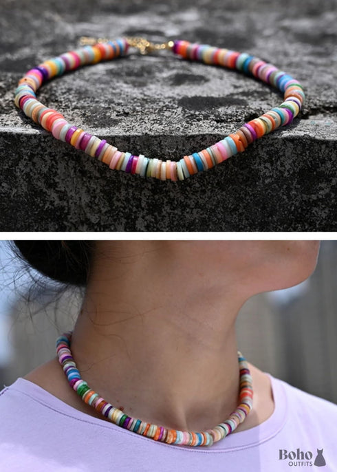 Boho Necklace, Seed Bead Choker, Colorful Shell